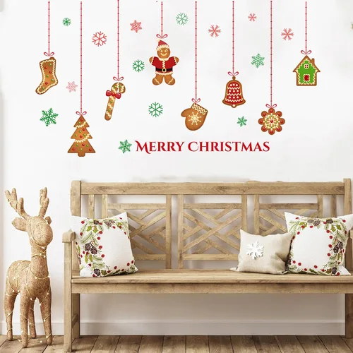 Vista 2 de Calcomanías de pared de Navidad, calcomanías de galletas de jengibre, decoración de pared de Feliz Navidad, calcomanías de pared extraíbles