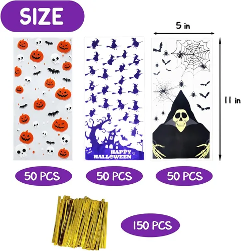 Vista 2 de 150 bolsas de golosinas de Halloween, bolsas de celofán de Halloween con lazos giratorios para suministros de fiesta de Halloween