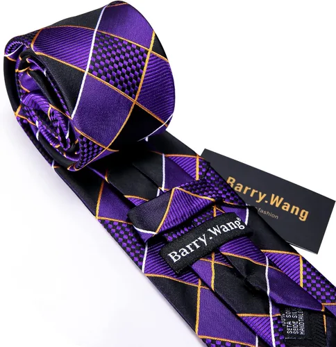 Vista 93 de Barry.Wang Juego de corbatas a cuadros para hombre con pañuelo gemelos de rayas clásicas