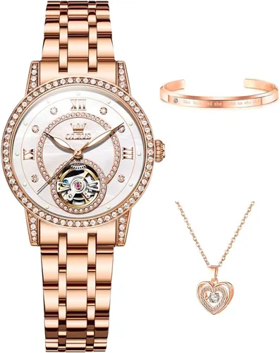 Vista 2 de OLEVS Reloj de pulsera automático con diamantes Tourbillon de lujo de acero inoxidable, impermeable, luminoso, para regalo de mujer, oro rosa, azul