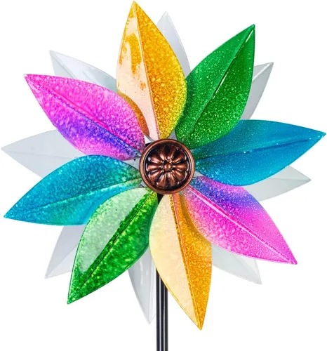 Vista 13 de DREAMYSOUL Molinillos de viento coloridos de 38 pulgadas, molinillos de metal para jardín y jardín, molinillos de viento decorativos para patio al
