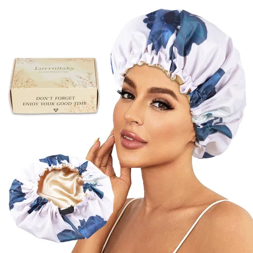 Vista 10 de 2 piezas de gorras de ducha para mujer, gorras de ducha reutilizables impermeables para el cabello con moño ajustable, lujosa gorra de baño