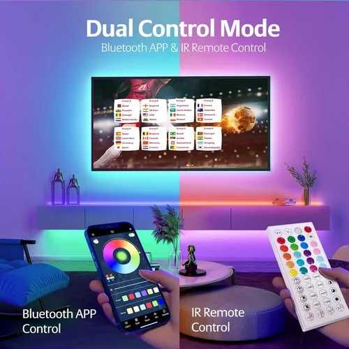 Vista 4 de KEELIXIN Tira de luces LED RGB con sincronización de música con aplicación y control remoto (50 pies-2 rollos)