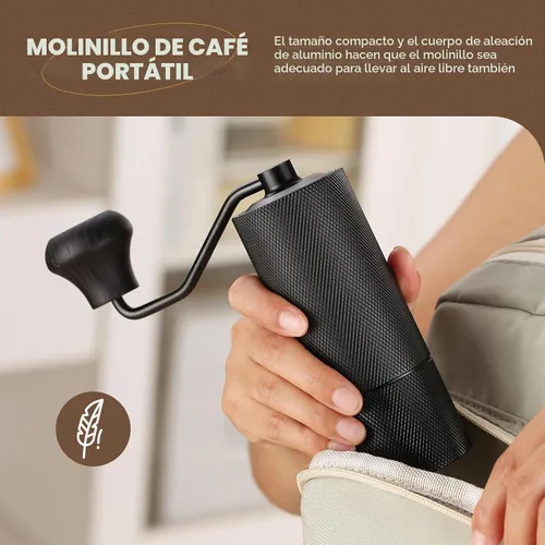 Vista 8 de Molinillo de café manual con rebaba cónica de acero inoxidable CNC, cuerpo de aluminio, mango de madera maciza, molinillo de mano ajustable portátil