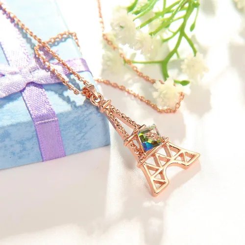 Vista 4 de Collar con colgante de torre Eiffel de París para mujer, chapado en oro rosaplatino