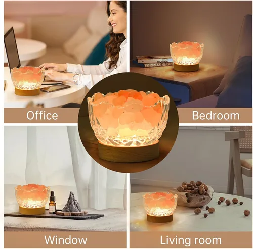 Vista 6 de Lámpara de sal del Himalaya, rosa, base de madera, 10 niveles de ajuste de intensidad de luz, enchufe USB, 1 año de garantía
