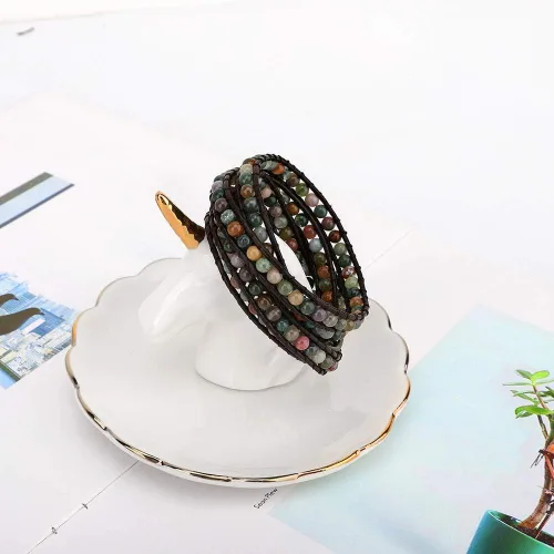 Vista 5 de Emibele - Pulsera de piel con capas, remache con estampado de leopardo, estilo bohemio, de capas múltiples, hecha a mano, con cuentas de cristal