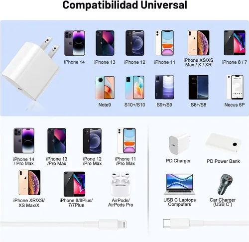Vista 6 de Cargador rápido para iPhone, enchufe USB C de pared y cable de carga tipo C a Lightning de 10 pies de largo, adaptador PD USBC Cube Brick Box