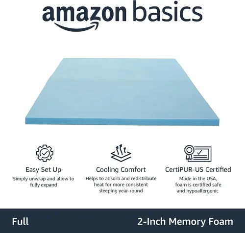 Vista 2 de Amazon Basics Cubrecolchón Full, con gel refrescante infundido, certificado CertiPUR-US, 2 pulgadas, azul