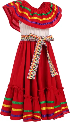 Vista 3 de IBTOM CASTLE Vestido mexicano para niñas, vestido folklórico tradicional con cinturón Rojo