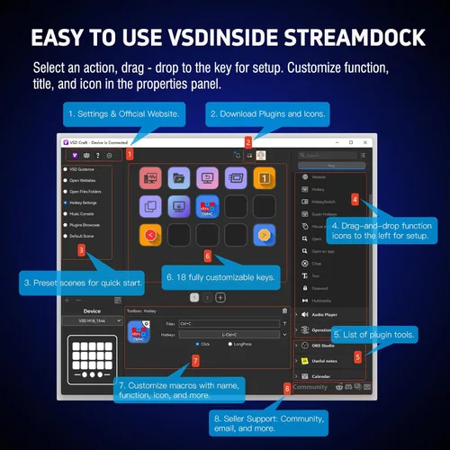 Vista 8 de VSDINSIDE Macro Keypad, Stream Controller Deck Gaming Streaming Shortcut Keyboard, 18 Programmable Keys Customizable Visual AI Pad USB Soundboard