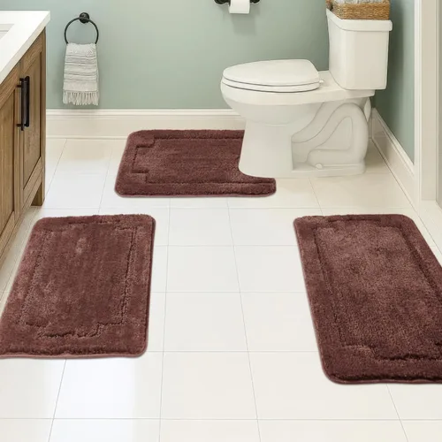 Vista 2 de Juego de 3 alfombras de baño suaves y absorbentes, peludas, suaves, antideslizantes, para ducha, bañera y bañera, lavables a máquina