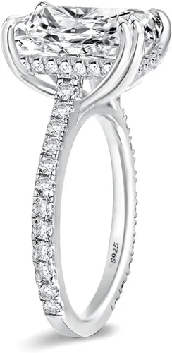 Vista 2 de Impresionante anillo de compromiso de corte radiante de 4.5 quilates para mujer, anillo de diamantes de imitación, anillo de promesa de plata de ley