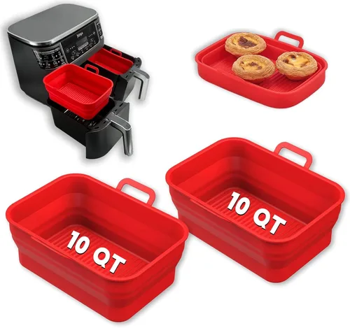 Vista 8 de Paquete de 2 sartenes plegables de silicona para freidora de aire para NINJA Foodi Dual de 8 y 10 cuartos, olla de cesta rectangular reutilizable