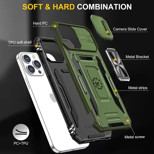 Vista 7 de Funda diseñada para iPhone 13 Pro Max con soporte y funda para cámara, funda protectora contra caídas de grado militar integrado con soporte