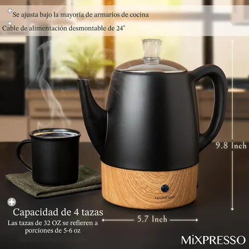 Vista 5 de Mixpresso - Cafetera eléctrica pequeña, acero inoxidable, 4 tazas Coffee percolator electric keep warm function, removable basket, classic