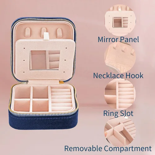Vista 3 de Joyero de terciopelo de viaje con espejo, mini estuche de regalo para mujeres y niñas, pequeñas cajas organizadoras portátiles para anillos, aretes