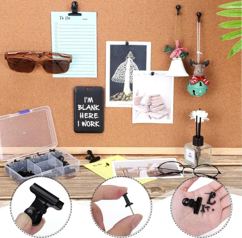 Vista 3 de Juego de 310 chinchetas, tachuelas negras decorativas para tablero de corcho con gancho para chinchetas, clip para chinchetas, 5 estilos, accesorios