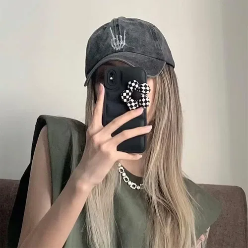 Vista 5 de Sombrero de mano unisex con esqueleto de calavera, bordado de huesos de Halloween, ajustable, de algodón lavado, gorra de béisbol de mezclilla
