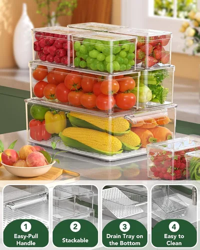 Vista 3 de KEMETHY - Paquete de 11 organizadores y almacenamiento para refrigerador, contenedores organizadores apilables para refrigerador, contenedores