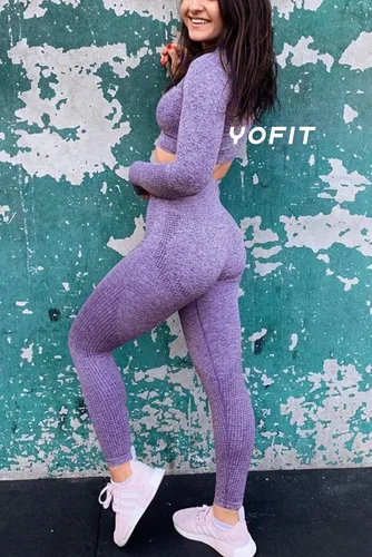 Vista 2 de YOFIT - Conjunto deportivo de 2 piezas leggings de yoga de cintura alta sin costuras y crop top con manga larga para mujer, juego de ropa