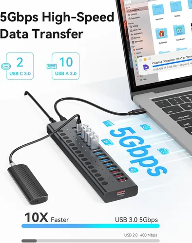 Vista 3 de Hub USB 3.0 alimentado, Splitter de Hub USB de 16 puertos (10 USB-A 3.0+2 QC 24W de carga rápida+2 de carga inteligente+2 puertos USB-C 3.0)
