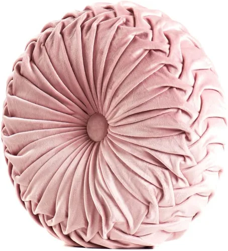 Vista 13 de MOJUN Almohada redonda de terciopelo de 13.7 pulgadas, plisada redonda, rellena, cojín decorativo para el hogar, para sofá, silla, cama, suelo