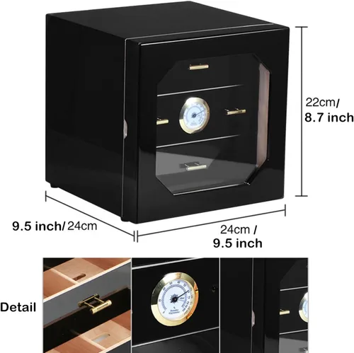 Vista 5 de Humidor de cigarros higrómetro montado en la parte delantera Caja de almacenamiento y humidificador forrado de cedro, acabado de revestimiento negro