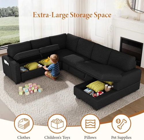 Vista 5 de Vesgantti Sofá Seccional Modular de 113.6" con Sofá Cama Extraíble, Sofá Cama en Forma de U de 7 Plazas con Chaise de Almacenamiento, Sofá Seccional