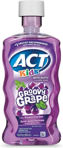 Vista 2 de ACT Enjuague anticaries con flúor para niños, 16.9 onzas líquidas. Pasta de dientes Groovy Grape & Toothpaste 4.6 oz. Bubble Gum Blowout