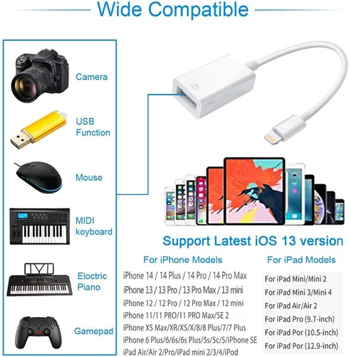 Vista 7 de Adaptador de cámara Lightning a USB, cable USB OTG certificado MFi de Apple Converter for iPhone 14 13 12 11 Pro Max XS XR X 8 iPad, Support