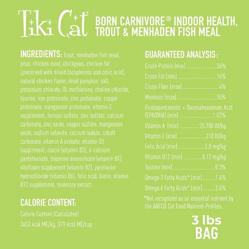 Vista 4 de Comida seca para gatos de interior Tiki Cat Born Carnivore Health, Harina de pescado de trucha y menhaden, Bolsa de 3 libras