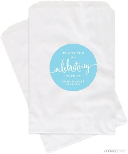 Vista 17 de Andaz Press Bolsas de regalo personalizadas para mesa de postre, agradecimiento por celebrar con nosotros, aguamarina, paquete de 24, personalizadas