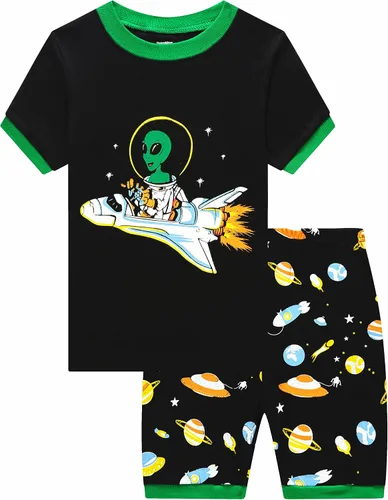 Vista 18 de Pijamas para niños, 100% algodón, 2 piezas, manga corta, conjunto de ropa de dormir de verano para niños, 3t-10t 01 Gris/Estampado De Excavadora