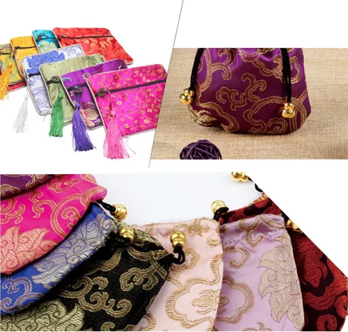 Vista 8 de EAVOQLB 16 unids tradicional brocado bolsa bordado bolsa joyería bolsa Shu Jin flecos cartera cremallera bolsa valor conjunto