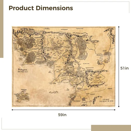 Vista 5 de Tapiz retro de mapa del mundo de la Tierra Media, póster de tela de pergamino de fantasía vintage, mapa antiguo para colgar en la pared