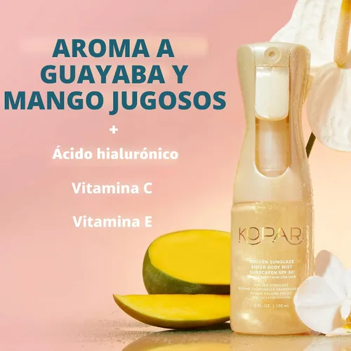 Vista 5 de Kopari Golden Sunglaze Protector Solar en Niebla para el Cuerpo SPF 50, Infundido con Aceite Corporal con Destellos, Niebla Hidratante, Hidrata