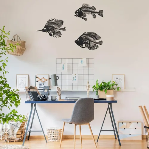 Vista 5 de Zhengmy - 3 piezas de metal para decoración de pared de pesca, diseño de hueso de pescado rústico, estilo náutico, para interiores, exteriores, Negro