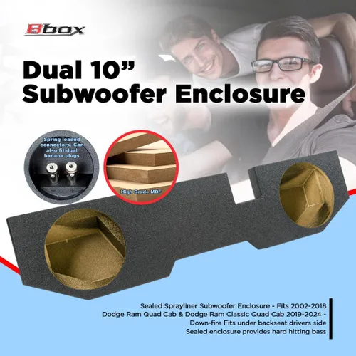 Vista 2 de Atrend Bbox - Caja de subwoofer dual de 10 pulgadas – Caja de subwoofer Sprayliner sellada – Se adapta a Dodge Ram Quad Cab 2002-2018 – Caja