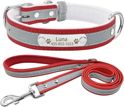 Vista 15 de Collar de perro de cuero reflectante personalizado con forro cálido, collar de perro personalizado con placa de nombre grabada para perros y gatos
