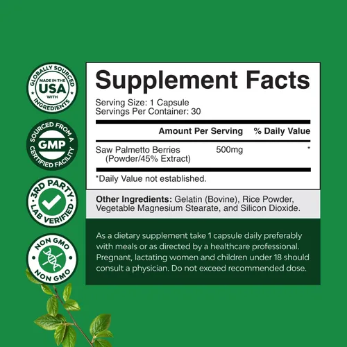 Vista 3 de Extracto de palma enana americana extra fuerte, complejo de hierbas avanzado para la salud del cabello y apoyo urinario con esteroles vegetales