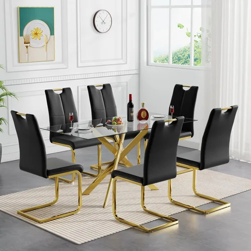 Vista 12 de Juego de mesa de comedor de cristal de 5 piezas para 4, moderno juego de mesa de cocina rectangular de vidrio templado transparente de 51.18