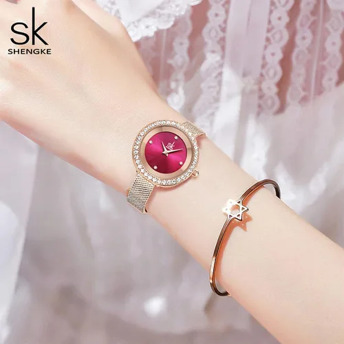 Vista 6 de SHENGKE Reloj de mujer de lujo analógico de cuarzo de moda de cuarzo para mujer, reloj impermeable para mujer Relogio Feminino, K0169-rosa rojo