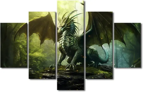 Vista 83 de Lienzo decorativo para pared de sala de estar, lienzo de dragón, 5 paneles, dragón verde, decoración de pared para el hogar, decoración de pared