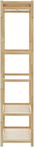 Vista 4 de Perchero de bambú independiente con 3 estantes de almacenamiento y ganchos, soporte de ropa resistente para dormitorio, pasillo, 31.5 x 15.7 x 68.9