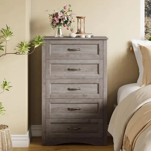 Vista 9 de Gizoon Cómoda de 5 cajones, armario de almacenamiento de madera gris ceniza para dormitorio, armario de almacenamiento de gran capacidad de 43.3