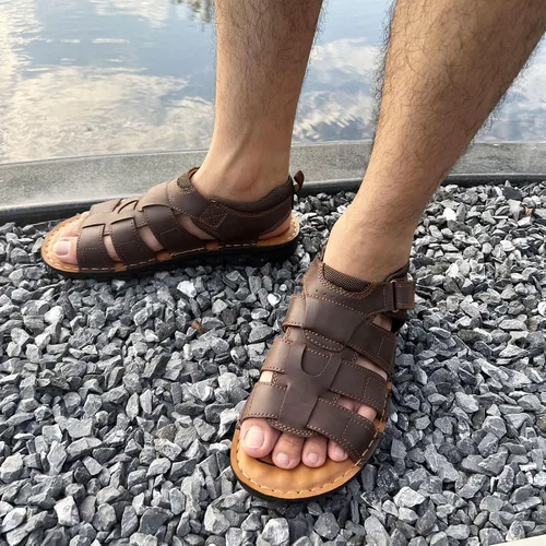 Vista 6 de VOCECO - Sandalias de cuero para hombre con puntera abierta, ajustables, ligeras, para playa y verano