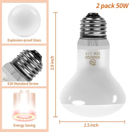 Vista 8 de Bombilla de calor para reptiles (3ª generación sin rota), paquete de 2 luces de 50 W para reptiles y anfibios, bombilla de calor de luz diurna UVA
