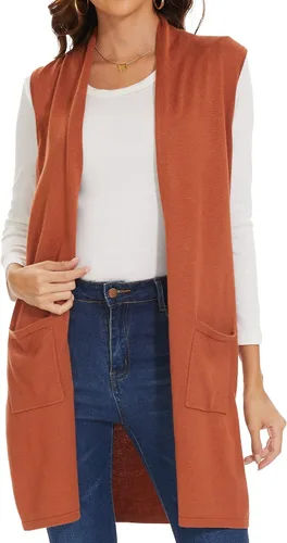 Vista 5 de INKOFF Chaleco de punto largo para mujer, sin mangas, con bolsillos, frente abierto, drapeado, chaleco casual