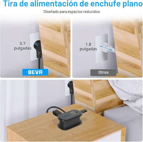 Vista 6 de BEVA Regleta de alimentación de viaje con puertos USB C, cable de extensión de 4 pies, 2 tomacorrientes, 3 puertos USB, artículos esenciales